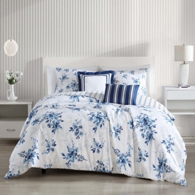 Bebejan Floral Toile Art 100% Cotton 5-Piece King Size Reversible Comforter Set, Blue