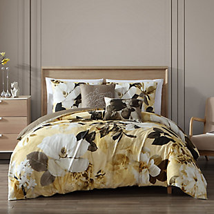 Bebejan Magnolia 100% Cotton 5 Piece King Size Reversible Comforter Set, Yellow, rollover