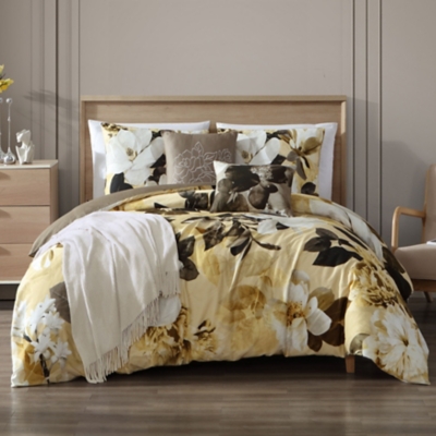 Bebejan Magnolia 100% Cotton 5 Piece Queen Size Reversible Comforter Set, Yellow, large