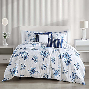 Bebejan Floral Toile Art 100% Cotton 5-Piece Queen Size Reversible Comforter Set, Blue, rollover