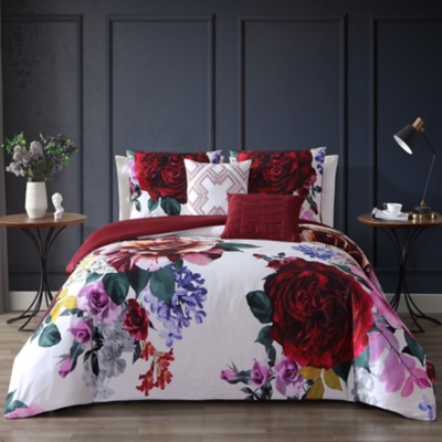 Bebejan Sangria Blooms 100% Cotton 5 Piece Queen Size Reversible Comforter Set, Red, large