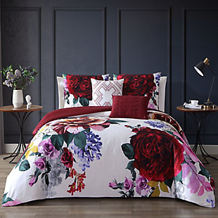 Bebejan Sangria Blooms 100% Cotton 5 Piece Queen Size Reversible Comforter Set, Red, rollover