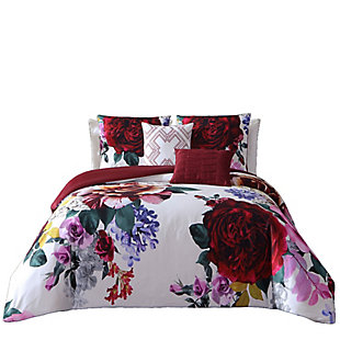Bebejan Sangria Blooms 100% Cotton 5 Piece Queen Size Reversible Comforter Set, Red, large