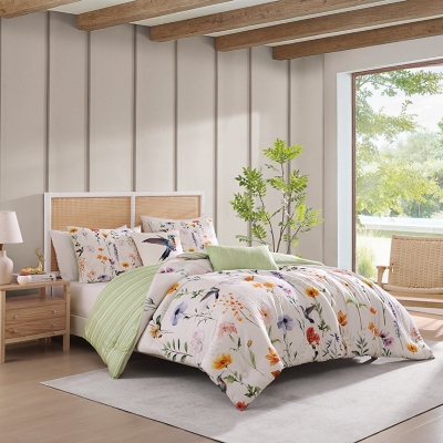 Fresh Cut Flowers 200 Thread 5 Piece Reversible King Comforter Set, Ivory, large