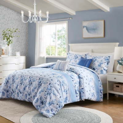 Intelligent Design Floral Striped Full/Queen Comforter Set, Blue, large