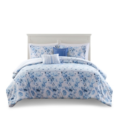 Intelligent Design Floral Striped Full/Queen Comforter Set, Blue, rollover