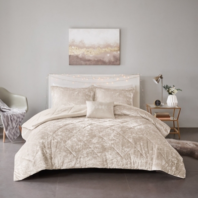 Intelligent Design Velvet Full/Queen Comforter Set with Throw Pillow, Champagne, large
