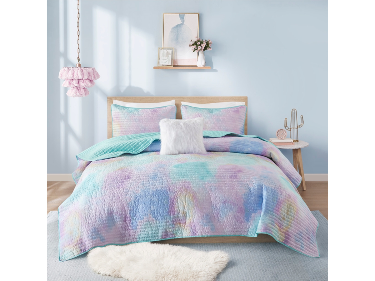 Intelligent Design Watercolor Tie Dye Printed Quilt Set with Throw Pillow, image size:1200x900