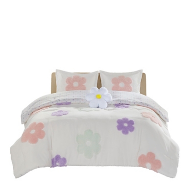 Urban Habitat Kids Chenille Twin Comforter Set with Flower Throw Pillow, White/Purple, rollover