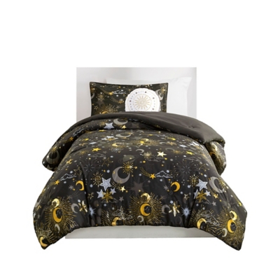 Mi Zone Kids Metallic Full/Queen Comforter Set with Throw Pillow, Charcoal/Gold, rollover