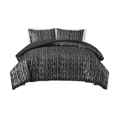 Intelligent Design Metallic Print Faux Fur Twin/Twin XL Comforter Set, Black/Silver, rollover