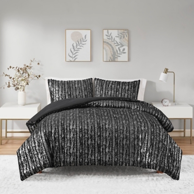 Intelligent Design Metallic Print Faux Fur Twin/Twin XL Comforter Set, Black/Silver, large