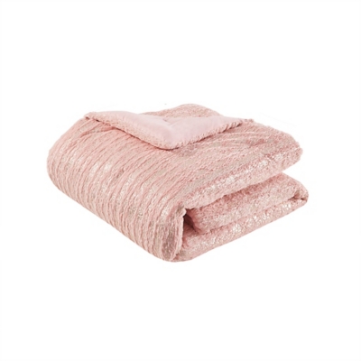 Intelligent Design Metallic Print Faux Fur Full/Queen Comforter Set, Blush/Gold, rollover