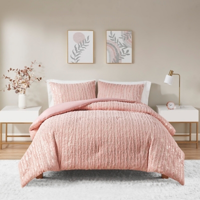 Intelligent Design Metallic Print Faux Fur Full/Queen Comforter Set, Blush/Gold, large