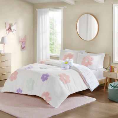 Urban Habitat Kids Chenille Full/Queen Comforter Set with Flower Throw Pillow, White/Purple, large