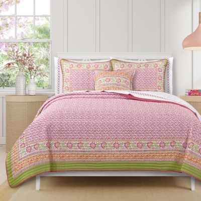 J. Queen Bold Shiloh Full/Queen 3 Piece Quilt Set, Pink, large
