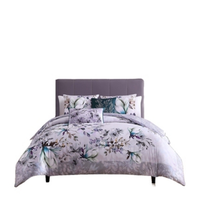 Bebejan® Jewel Toned Florals 5 Piece Reversible King Comforter Set, Gray, rollover