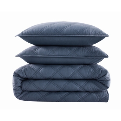 Brooklyn Loom Diamond Washed 3-Piece Full/Queen Quilt Set, Blue, large