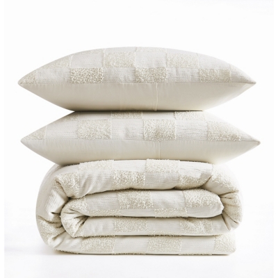 Truly Soft Textured Checkered 3-Piece King Duvet Set, Cream, rollover