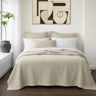 Ashley Luxe HiEnd Accents Stonewashed Cotton Waffle Weave Coverlet Set, Full/Queen, Light Tan, 3PC, , large