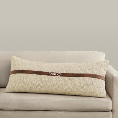 Ashley Luxe HiEnd Accents Herringbone Buckle Detailed Lumbar Pillow, 14" x 36", Sand, 1PC, , grid