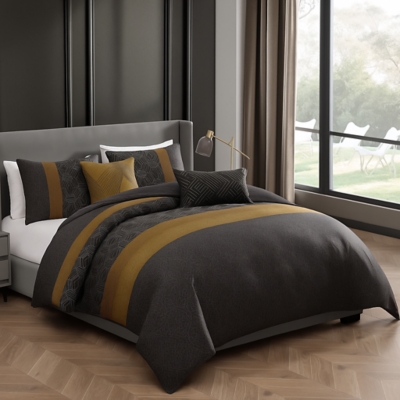 Bebejan Golden Hex 5-Piece King Comforter Set, Gray, large