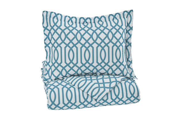 Loaded with high-style twists and turns, Loomis comforter set is the essence of fresh, fun, youthful style. Modern trellis design is right at home with your tween or teen's fashion sense.Made of cotton with polyester filling | 200 thread count | Set includes 1 comforter and 1 standard sham | Imported | Machine washable