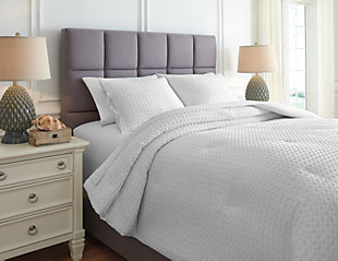 Give your bedroom that upscale hotel look and feel with the Maurilio queen comforter set. Simply striking in crisp and clean white, this comforter set’s percale cotton cover sports a chic textural design for added oomph.Set includes comforter and 2 pillow shams | Cotton percale cover | Polyester fill | Imported | Machine washable
