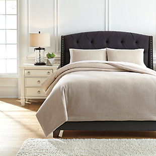 Freshen up your space with soothing neutral tones and ultra-cozy texture. The Mayda comforter set transforms any bedroom into a personal retreat worthy of luxurious lounging and sky-high dreams. Simple has never been so incredibly chic.Set includes comforter and 2 pillow shams | Cotton cover | Polyester fill | Imported | Machine washable