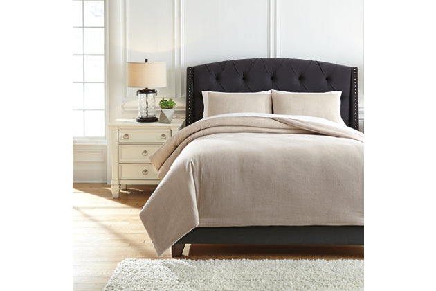 Freshen up your space with soothing neutral tones and ultra-cozy texture. The Mayda comforter set transforms any bedroom into a personal retreat worthy of luxurious lounging and sky-high dreams. Simple has never been so incredibly chic.Set includes comforter and 2 pillow shams | Cotton cover | Polyester fill | Imported | Machine washable