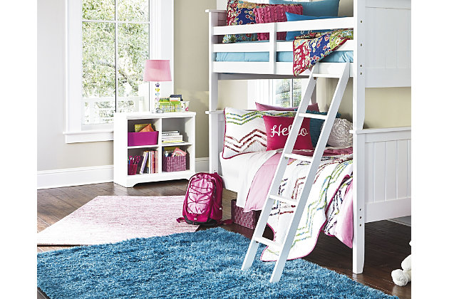 Lulu’s clean lines and crisp finish complement virtually every style of decor. Whether their new favorite color is pink, purple or blue, this bedroom furniture will be a mainstay. Mattresses sold separately.Made of engineered wood (MDF/particleboard) | Includes headboards, footboards, rails, ladder and roll slats | Top bunk with protective side rails | Sturdy ladder leads to top bunk | Beds do not require foundations/box springs | The Consumer Product Safety Commission states top bunks not be used for children under 6 years of age | This bunk bed can be converted into 2 separate beds; please see assembly instructions for details | Assembly required | Estimated Assembly Time: 10 Minutes