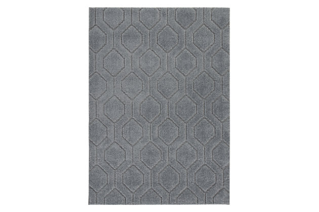 Let cool, contemporary style take shape with the simply striking Matthew area rug. Its titanium gray shade is on trend and upscale. Hexagon pattern adds just enough depth and interest.Made of polypropylene | Machine tufted | 6mm pile | Latex backing | Rug pad recommended | Spot clean only | Made in USA