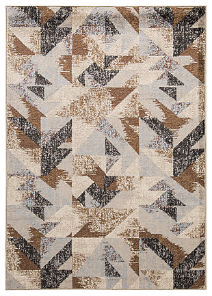 Bold yet subtle. That’s the beauty of the Jun area rug. Its dynamic geometric pattern is downplayed by muted tones of gray, cream and shades of brown for a sense of earthy elegance.Made of polypropylene | Machine woven | 8mm pile | Jute backing | Rug pad recommended | Made in USA | Spot clean