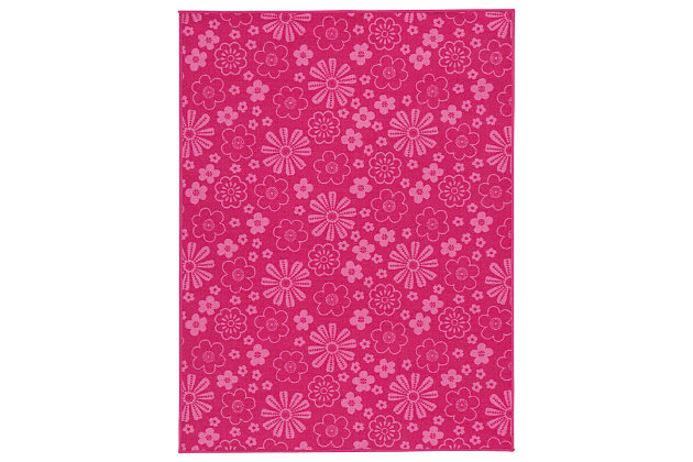 Think bright pink. Get color-happy and add a fun pop of flower power to her room with the Jayleen accent rug.Made of polypropylene | Machine woven | Cotton/jute backing; rug pad recommended | Imported | Sponge spot clean