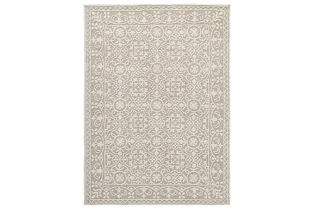 Looking for casual elegance in light, neutral colors for the floor? Flower power adorns with the Beana medium area rug. Its intricate trellis pattern repeats with flowers, leaves and so much more in ivory color set against a beige backdrop. This medium pile rug is sure to deliver soft comfort combined with beauty underfoot.Made of polyester | Machine tufted | 6mm pile | Cotton backing | Rug pad recommended | Imported | Spot clean only