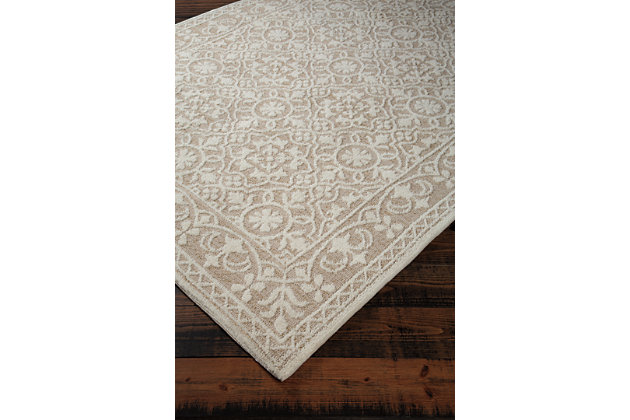 Looking for casual elegance in light, neutral colors for the floor? Flower power adorns with the Beana medium area rug. Its intricate trellis pattern repeats with flowers, leaves and so much more in ivory color set against a beige backdrop. This medium pile rug is sure to deliver soft comfort combined with beauty underfoot.Made of polyester | Machine tufted | 6mm pile | Cotton backing | Rug pad recommended | Imported | Spot clean only