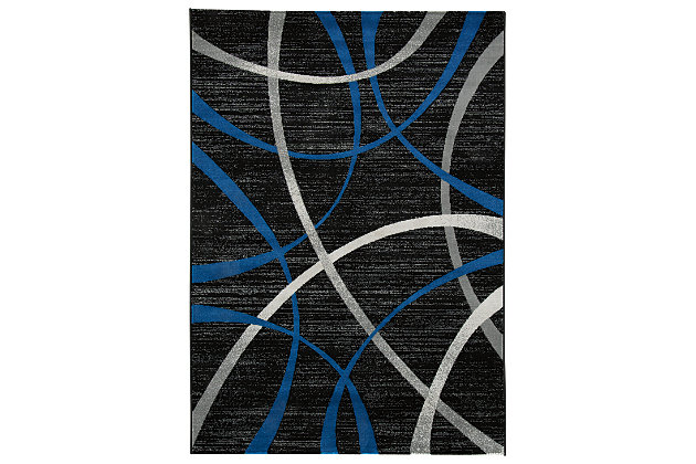 Pairing shapely swirls with bold and brilliant swashes of color, the Jenue area rug is the ultra-contemporary statement piece you’ve been longing for. Rich palette of black, gray and blue is loaded with depth and tonal interest.Made of polypropylene | Machine woven | 8mm pile | Jute backing | Imported | Rug pad recommended | Spot clean only