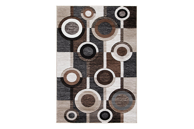 Talk about bringing modern pop to a space. With its multilayered geometric design and pleasing palette of black, brown and cream tones, the Guintte area rug is decidedly bold without coming on too strong.Made of polypropylene | Machine woven | 12mm pile | Jute backing | Rug pad recommended | Spot clean only | Imported
