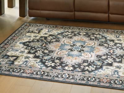 Leningston 8' x 10' Washable Rug, Black/Cream/Blue, rollover