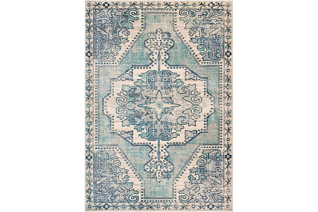 Express your worldly point of view with this exotic rug. Intricate patterns and captivating colors capture the look of far away places and add an element of allure to your design.Made of polypropylene | Machine woven | No backing | Medium pile; rug pad recommended | Spot clean | Imported