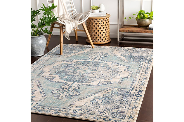 Express your worldly point of view with this exotic rug. Intricate patterns and captivating colors capture the look of far away places and add an element of allure to your design.Made of polypropylene | Machine woven | No backing | Medium pile; rug pad recommended | Spot clean | Imported