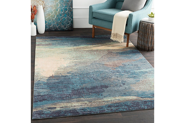 Striking abstract patterned rug leaves so much to the imagination. Its ethereal design dresses up a room with brilliant color, visual texture and a highly contemporary point of view.Made of polyester | Machine woven | Canvas backing | Medium pile; rug pad recommended | Spot clean | Imported