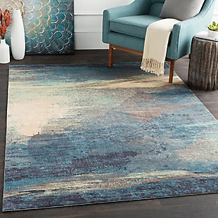 Striking abstract patterned rug leaves so much to the imagination. Its ethereal design dresses up a room with brilliant color, visual texture and a highly contemporary point of view.Made of polyester | Machine woven | Canvas backing | Medium pile; rug pad recommended | Spot clean | Imported