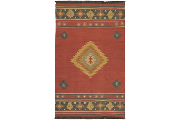 Express your worldly point of view with this exotic rug. Intricate patterns and captivating colors capture the look of far away places and add an element of allure to your design.100% wool | For indoor/outdoor use | Uv resistant; water resistant | Handwoven | No pile | No backing; rug pad recommended | Spot clean | Imported