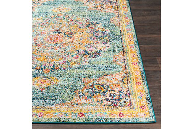 Express your worldly point of view with this exotic rug. Intricate patterns and captivating colors capture the look of far away places and add an element of allure to your design.Made of polypropylene | Machine woven | Medium pile | No backing; rug pad recommended | Spot clean | Imported