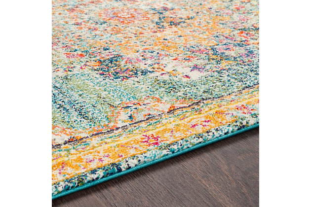 Express your worldly point of view with this exotic rug. Intricate patterns and captivating colors capture the look of far away places and add an element of allure to your design.Made of polypropylene | Machine woven | Medium pile | No backing; rug pad recommended | Spot clean | Imported