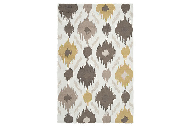 Bring a sense of drama and a touch of pizzazz to your space with this designer area rug. Energizing ikat pattern is tempered with a warm, sophisticated palette for beautiful balance. Tight knobby weave incorporates artisan quality and a textural look and feel.100% polyester | Hand-hooked, low pile | Cotton canvas backing; rug pad recommended | Imported | Dry clean