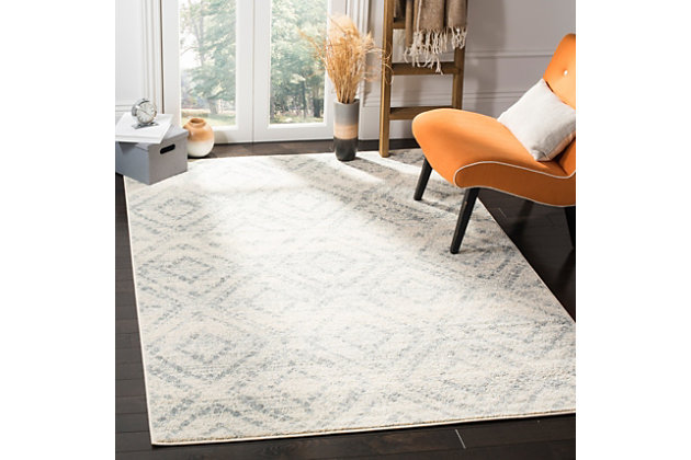 Simply timeless and beautifully on trend, this masterfully crafted Moroccan style area rug is distressed to impress. Easy elegant and casually cool, it looks right at home whether your furnishings are retro, boho or somewhere in between.Made of  polypropylene | Machine woven | Medium pile | No backing; rug pad recommended | Spot clean | Imported