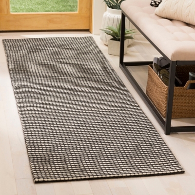 Hand Crafted 2'3" x 8' Runner Rug, Black/Ivory, large