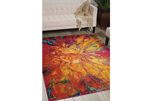 Why play it safe, when you can transform a space with big, bold and brilliant color? Saturated with deep, dramatic hues, this designer area rug stands out from the crowd for all the right reasons.Made of polypropylene | Machine woven | Latex backing; rug pad recommended | Imported | Spot clean